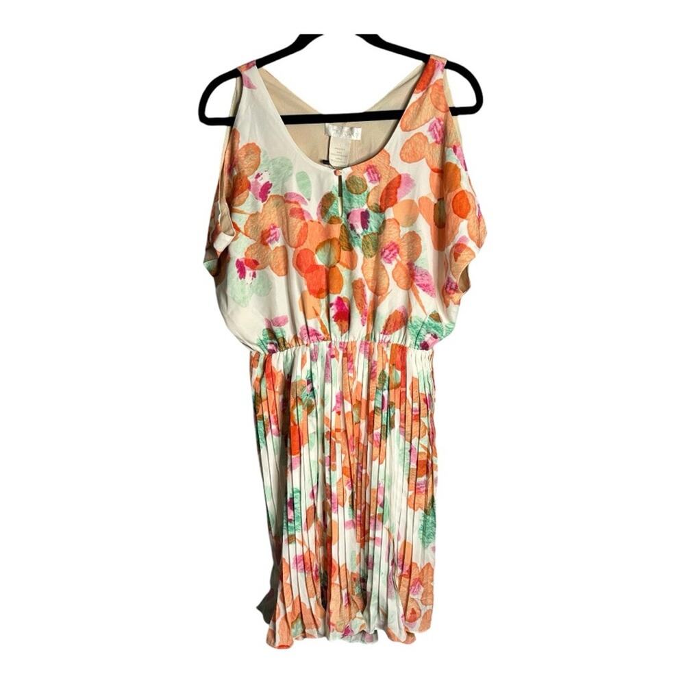 MM Couture White and Orange Floral Cold Shoulder Dress With Pleating Large